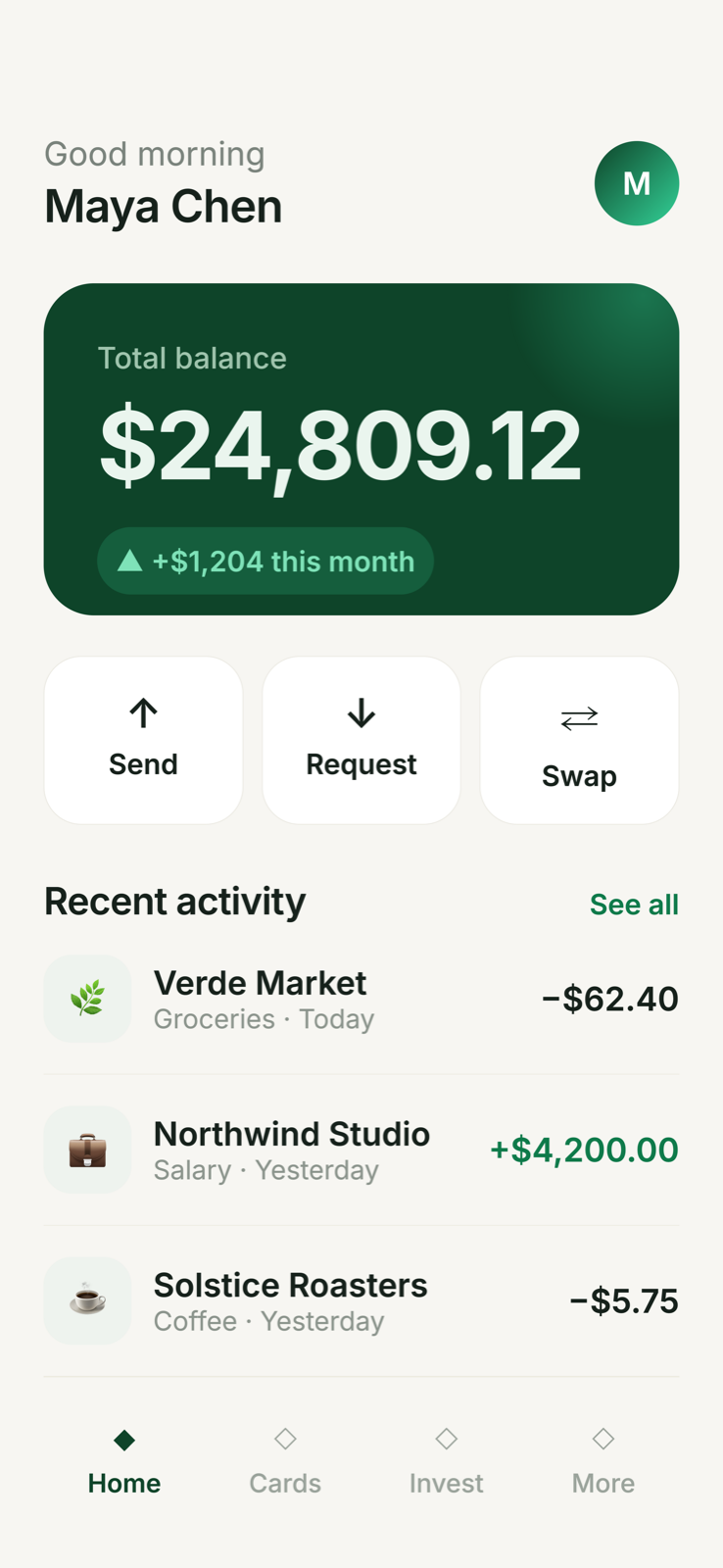 Finance app home screen, light — designed by an agent in Screenie
